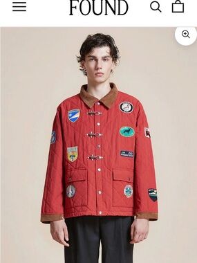 Quilted Patchwork Red Jacket with Corduroy Collar